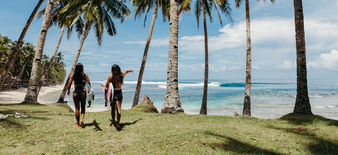 Two people walking on a grassy area with palm trees and the ocean in the background
