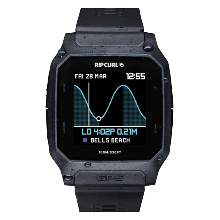 Black Rip Curl smartwatch with digital display on a white background