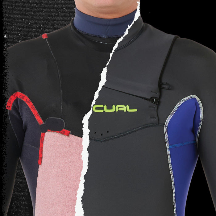 Split image of a mens dawn patrol wetsuit